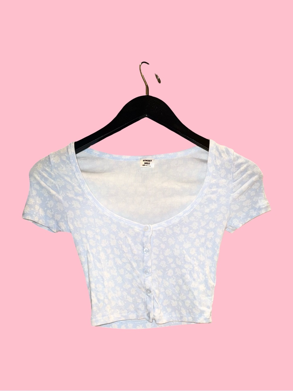 ARITZIA - SUNDAY BEST - HOLLY TOP SIZE: 2XS
 Pale Blue Floral Button-Up Crop Top